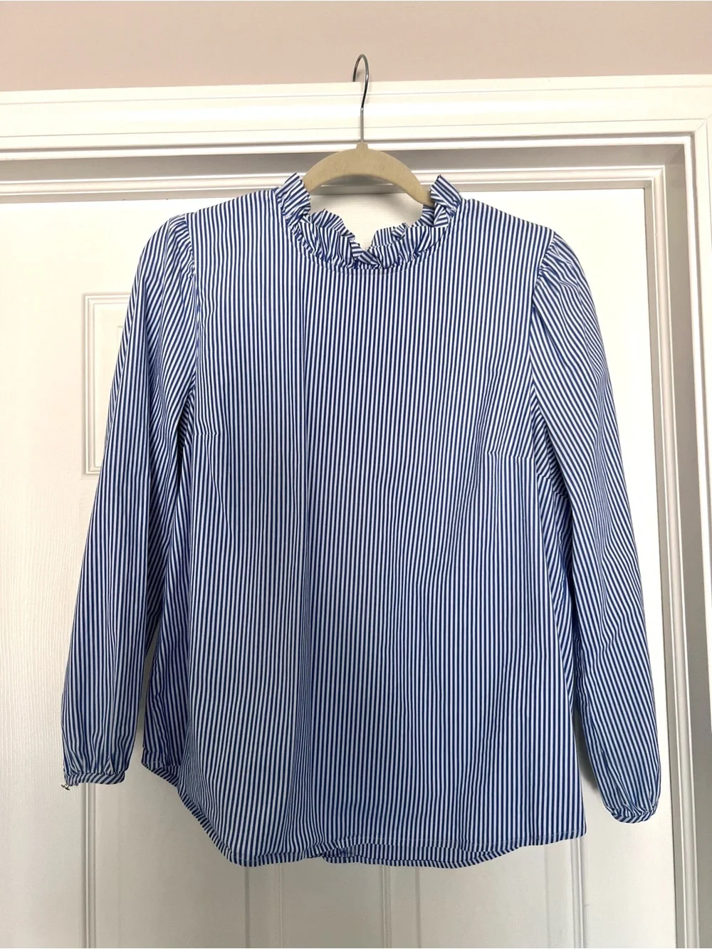 J. Crew French Stripe Blue Ruffle Collar Blouse
